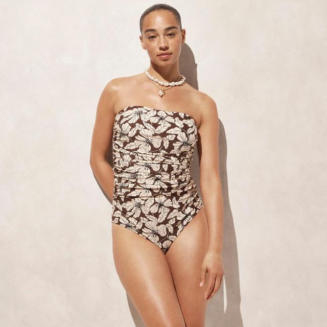 Ruched bandeau one-piece swimsuit in floral Product Image