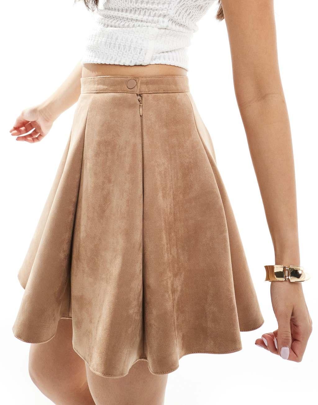 ASOS DESIGN faux suede flippy mini skirt in tan Product Image