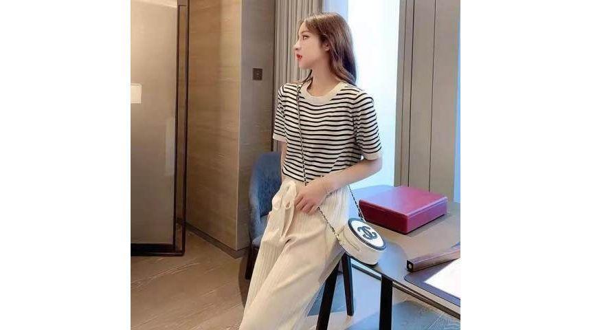 Set: Short-Sleeve Striped Knit Top + High Waist Wide Leg Pants Product Image