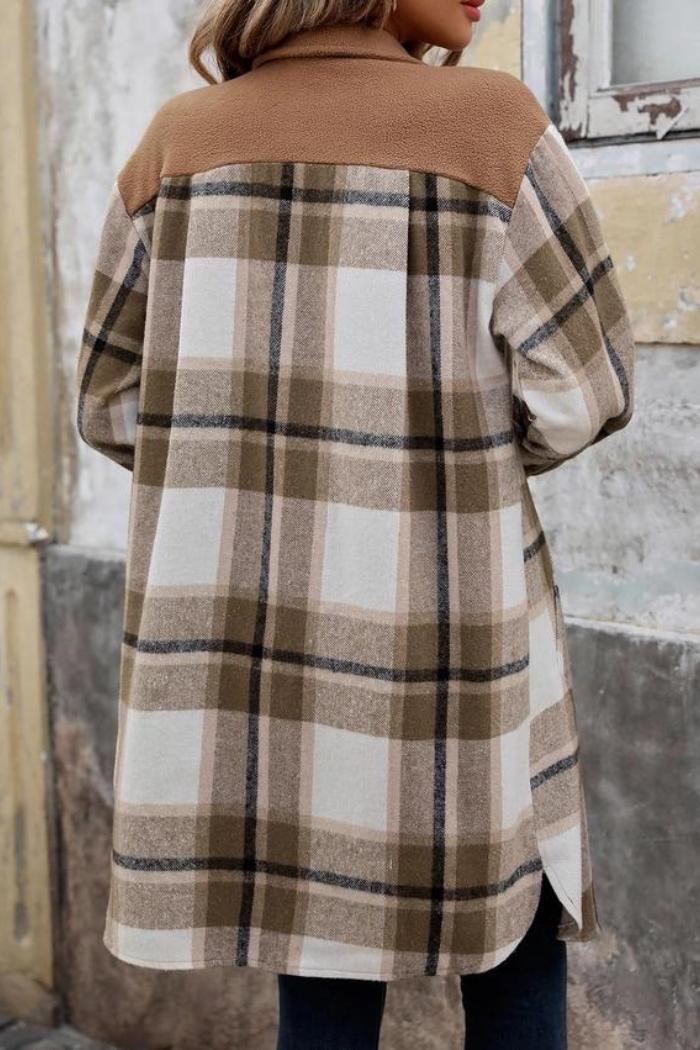 Stylish Button-Checked Color-Blocked Maxi Jacket Product Image