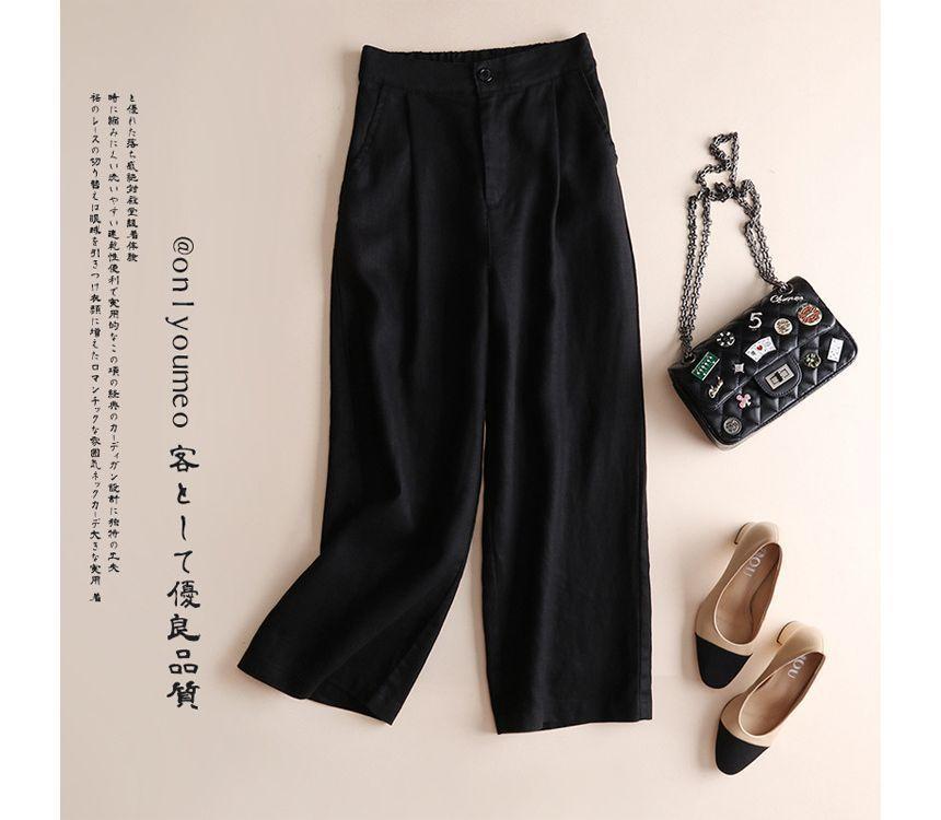 Elastic Waist Plain Linen Crop Wide Leg Pants Product Image