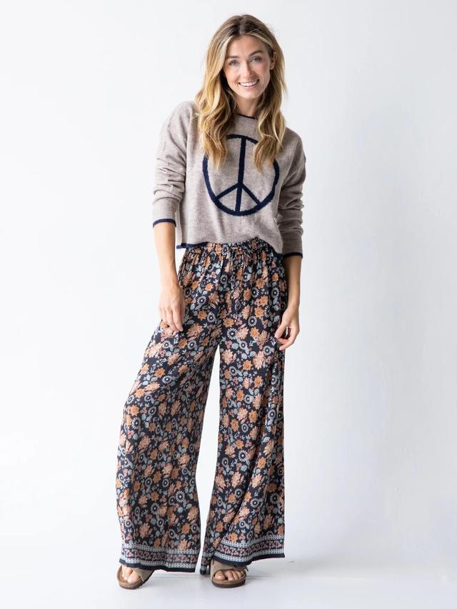 Go With The Flow Wide Leg Pant - Charcoal Light Blue Floral Border Product Image