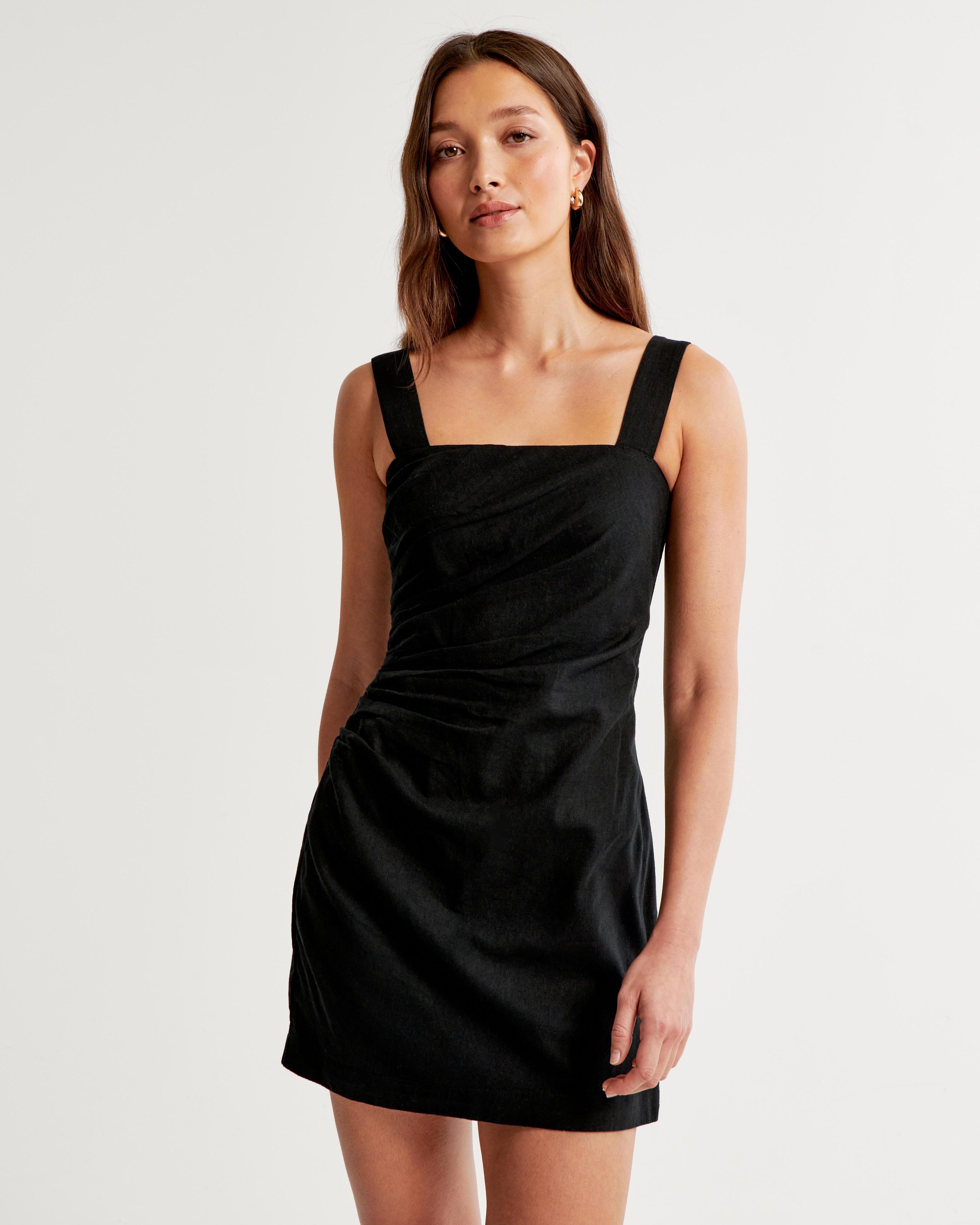 Linen-Blend Ruched Squareneck Mini Dress Product Image