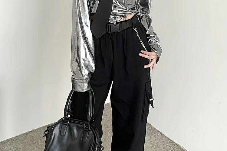 Long-Sleeve Plain Pocket Detail Drawstring Crop Shirt / High Rise Cropped Harem Cargo Pants Product Image