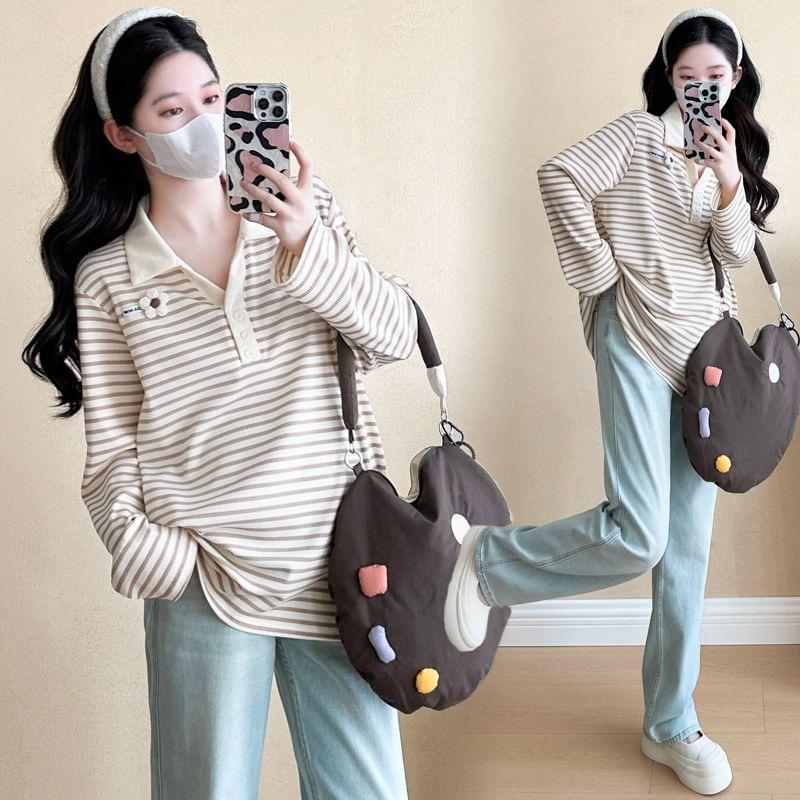 Maternity Long Sleeve Collar Striped Button Up Polo Shirt Product Image