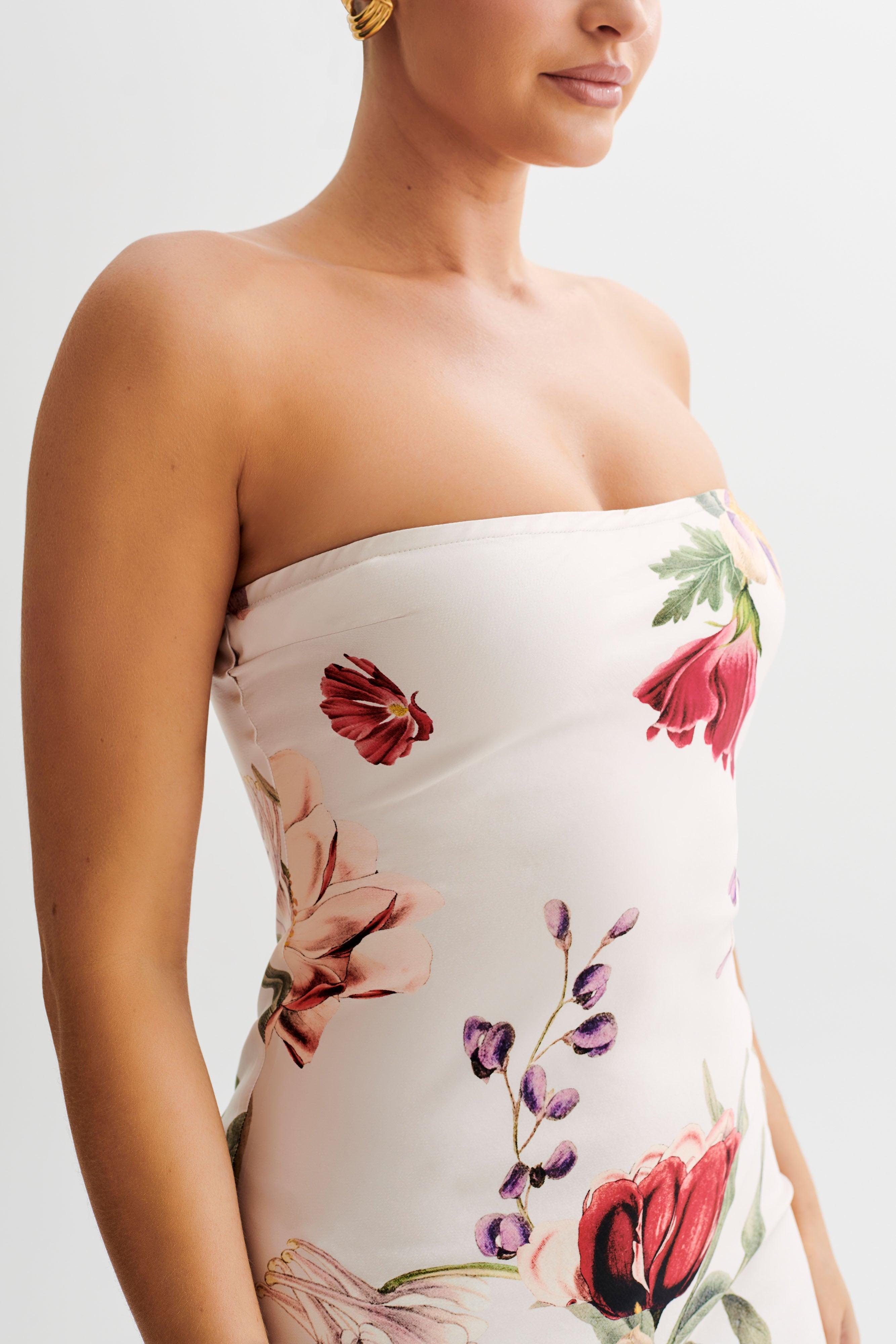 Claudette Strapless Satin Maxi Dress - Bella Rosa Print Product Image