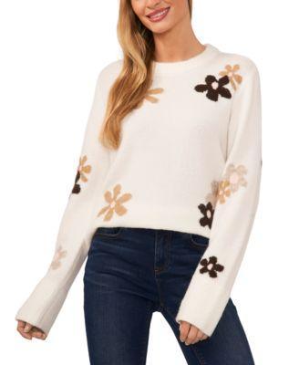 Women's Flower Patterned Knit Crewneck Sweater Product Image