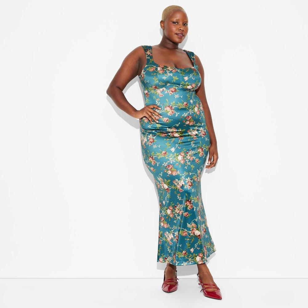 Womens Satin Maxi Bodycon Holiday Dress - Wild Fable Teal Floral Product Image