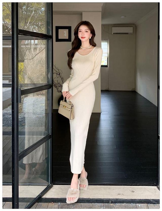 Long Sleeve Round Neck Plain Knit Maxi Sheath Dress Product Image