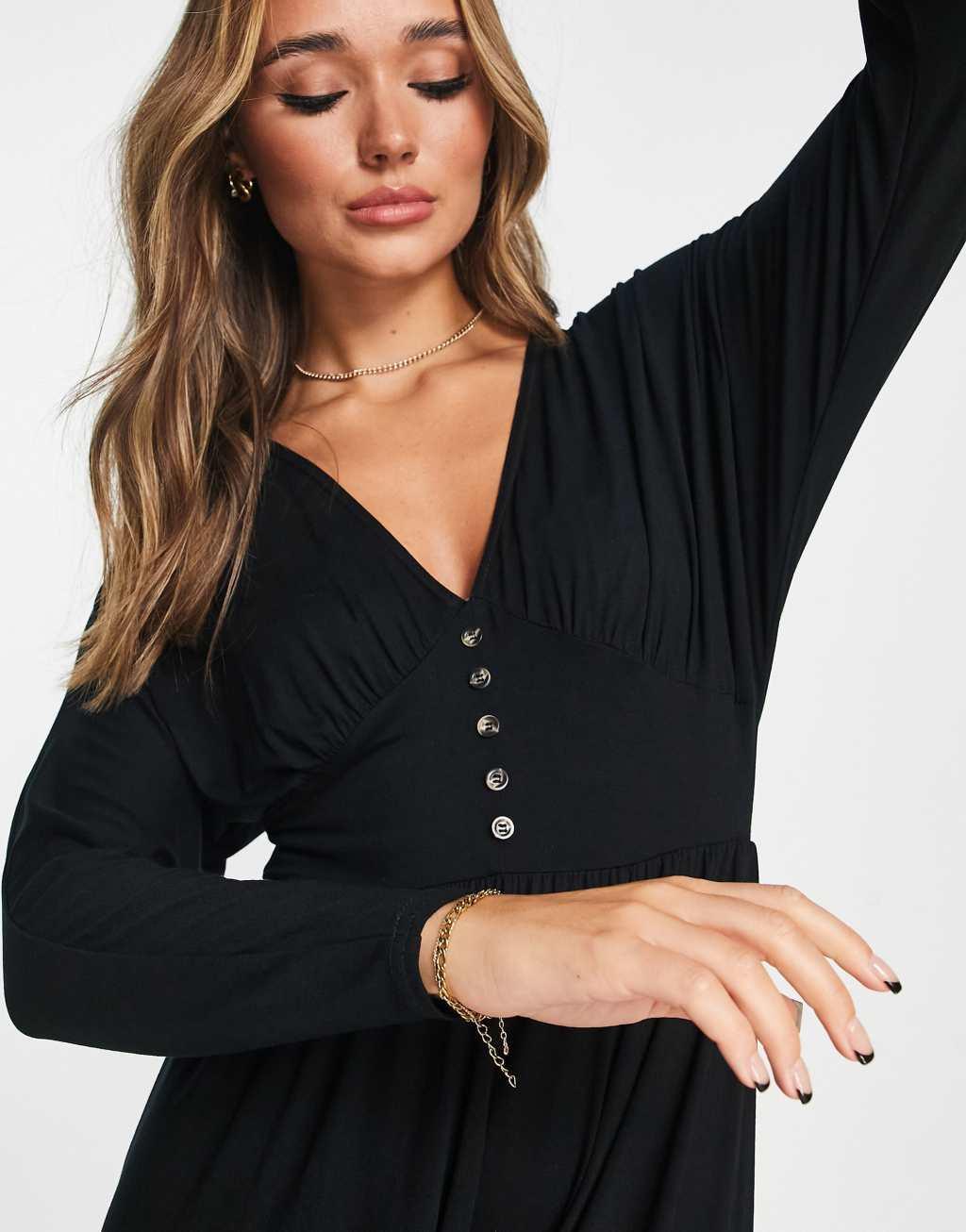 ASOS DESIGN waisted long sleeve midi tea dress with buttons in black Product Image