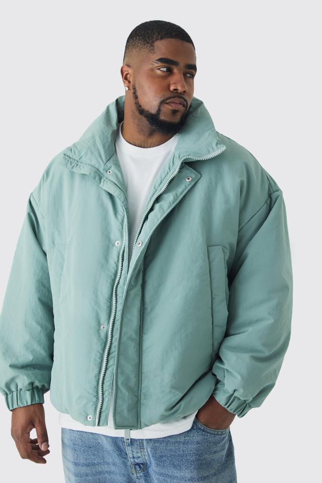 Plus Oversized Boxy Padded Funnel Neck Coat In Sage | boohooMAN USA Product Image