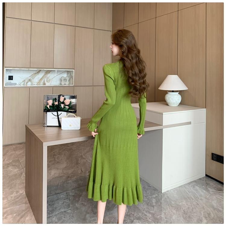 Long Sleeve V-Neck Plain Ribbed Knitted Bodycon Midi Dress Product Image