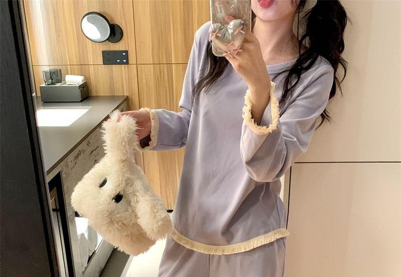 Pajama Set: Long Sleeve Round Neck Contrast Trim Fringe T-Shirt + Straight Leg Pants Product Image