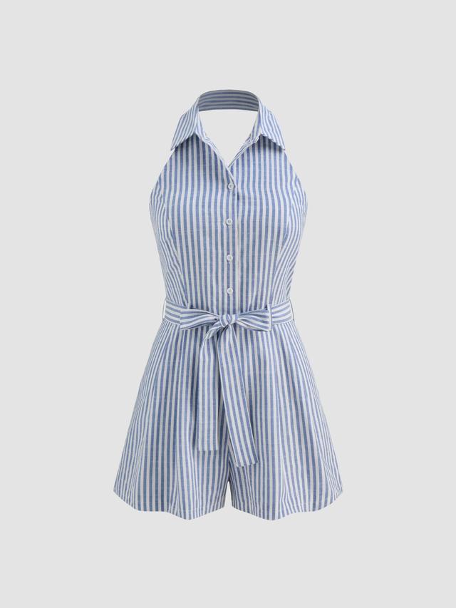 Cotton-blend Halter Neckline Striped Pocket Backless Knotted Romper Product Image