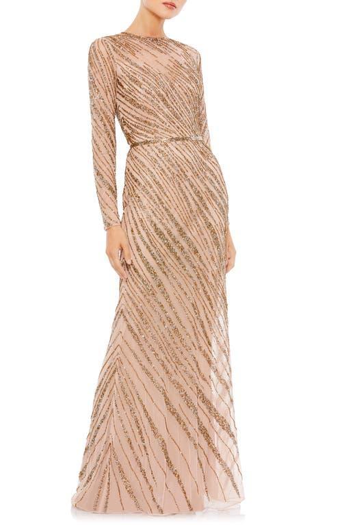 Mac Duggal Beaded Long Sleeve Tulle Column Gown Product Image