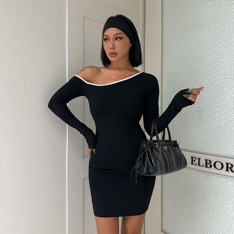 Long-Sleeve One-Shoulder Plain Contrast Trim Mini Sheath Dress / T-Shirt Product Image