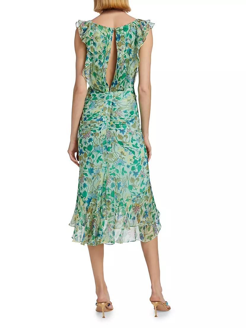 Aisha Ruffled Floral Silk Midi-Dress Product Image