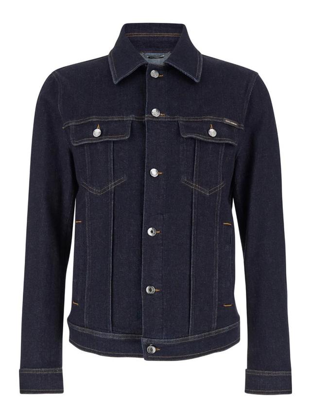 Dark Blue Jacket With Classic Collar And Contrasting Stitching In Denim Stretch And Cashmere Man Product Image