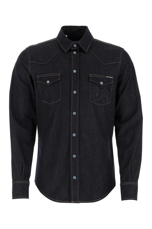 Denim Shirt With Embossed Logo In Blue Product Image