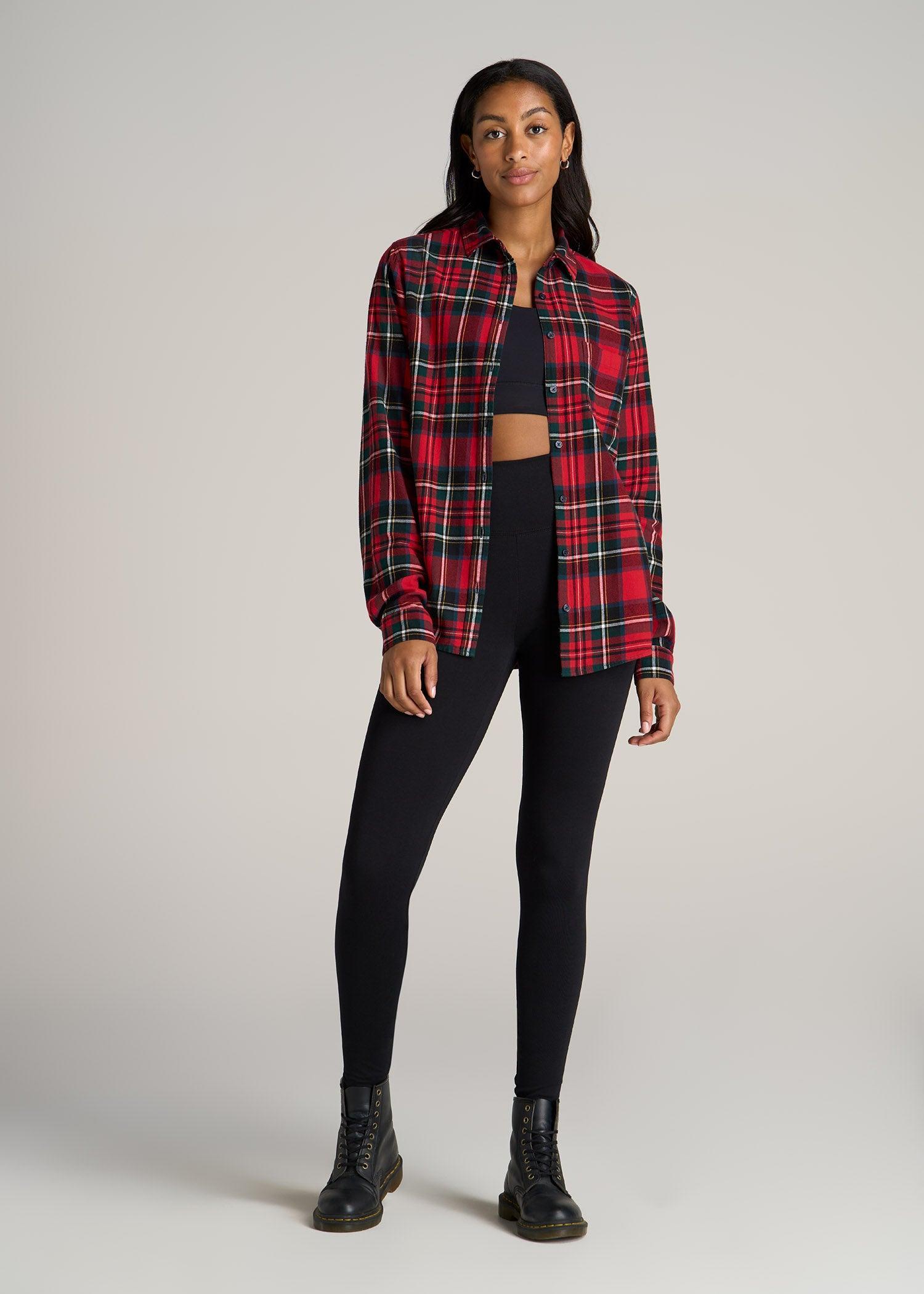 Flannel Button-Up Shirt for Tall Women in Red and Green Tartan Female Product Image