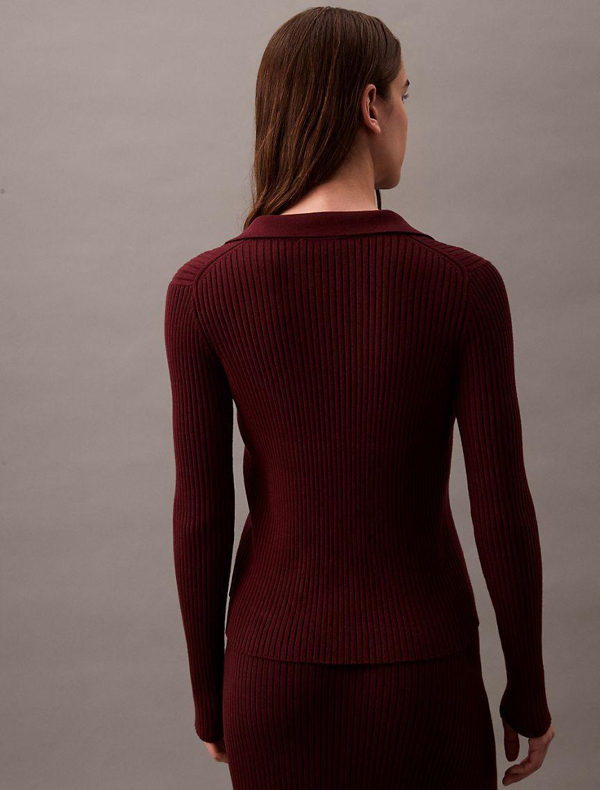 Smooth Cotton Rib Long Sleeve Polo Sweater Product Image