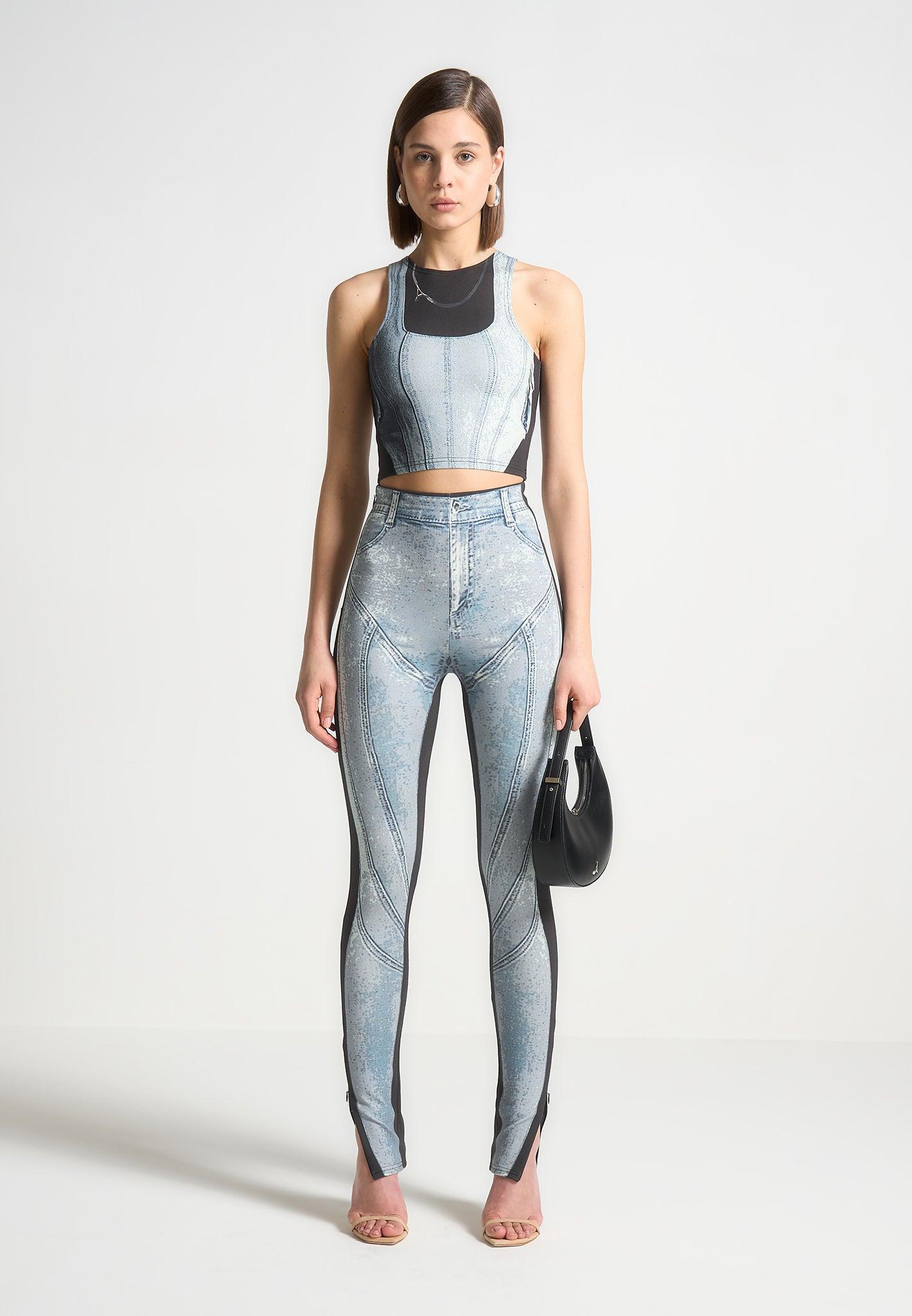 Denim Print Racer Crop Top - Blue/Black Female Product Image