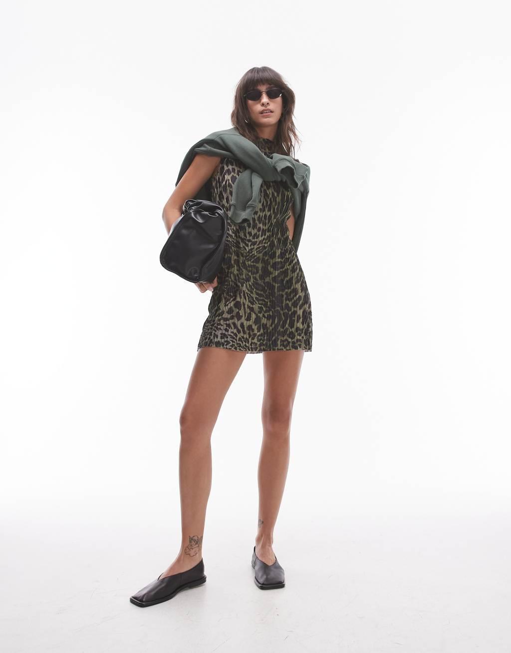 Topshop plisse leopard print mini dress in khaki Product Image