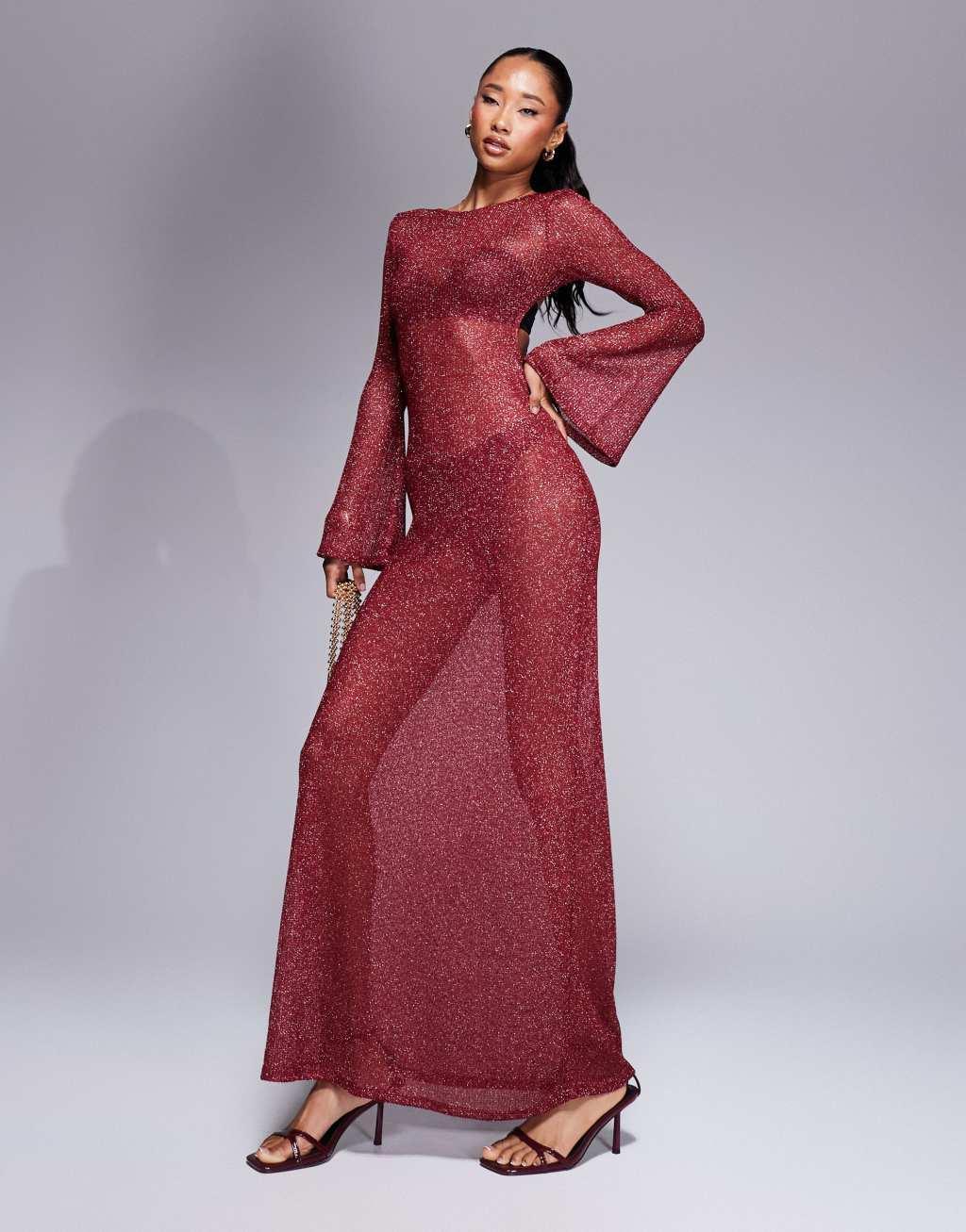 ASOS DESIGN sheer shimmer knit angel sleeeve maxi dress with cut out back in red Product Image