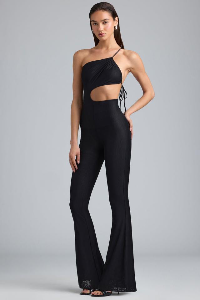 Tall Metallic Ruched Cut-Out Flared Jumpsuit in Black Product Image