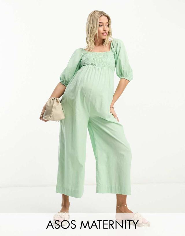 ASOS DESIGN Maternity linen look shirred puff sleeve jumpsuit in sage Product Image