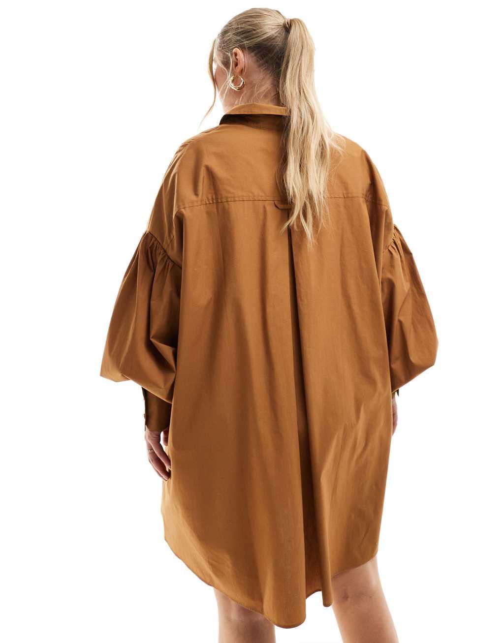 ASOS DESIGN Curve ultimate boyfriend mini shirt dress with volume sleeve in tan Product Image