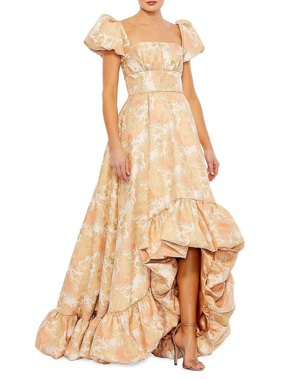 Womens Puff-Sleeve High-Low Brocade Gown Product Image