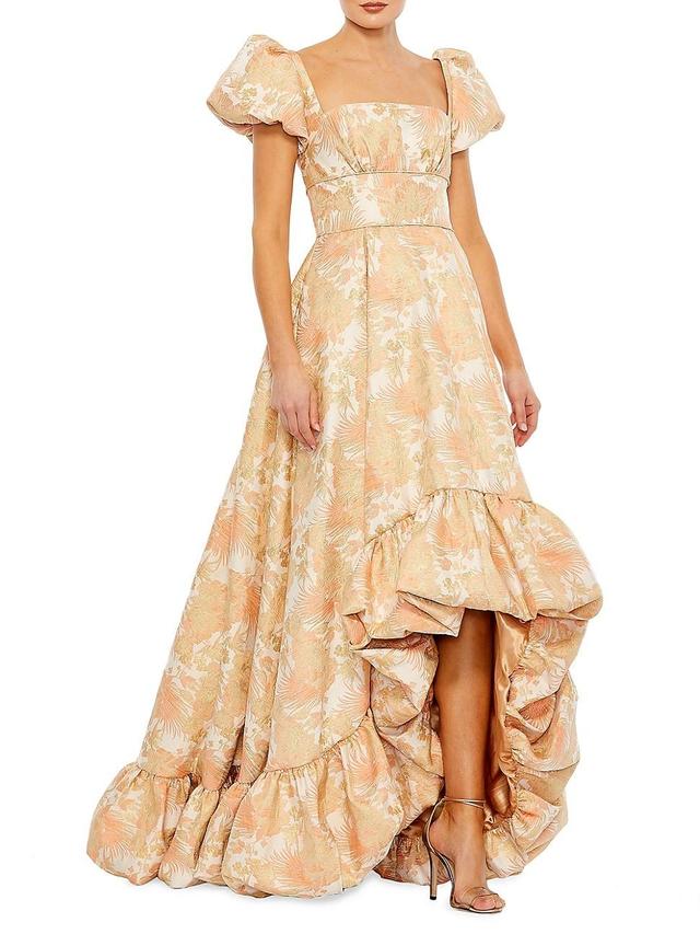 Mac Duggal Floral Print Square Neck Short Puffed Sleeve High-low Brocade Ball Gown Product Image