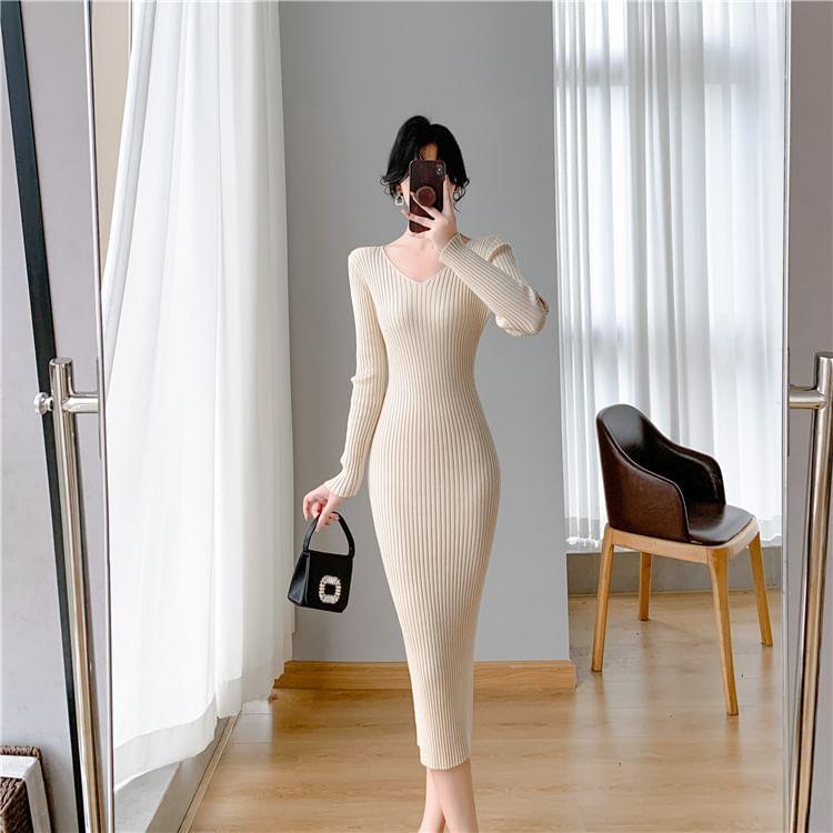 Long-Sleeve V-Neck Plain Ribbed Midi Sheath Knit Dress Product Image