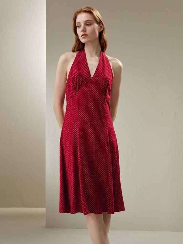 Polka Dot Halter Neck Silk Dress Product Image