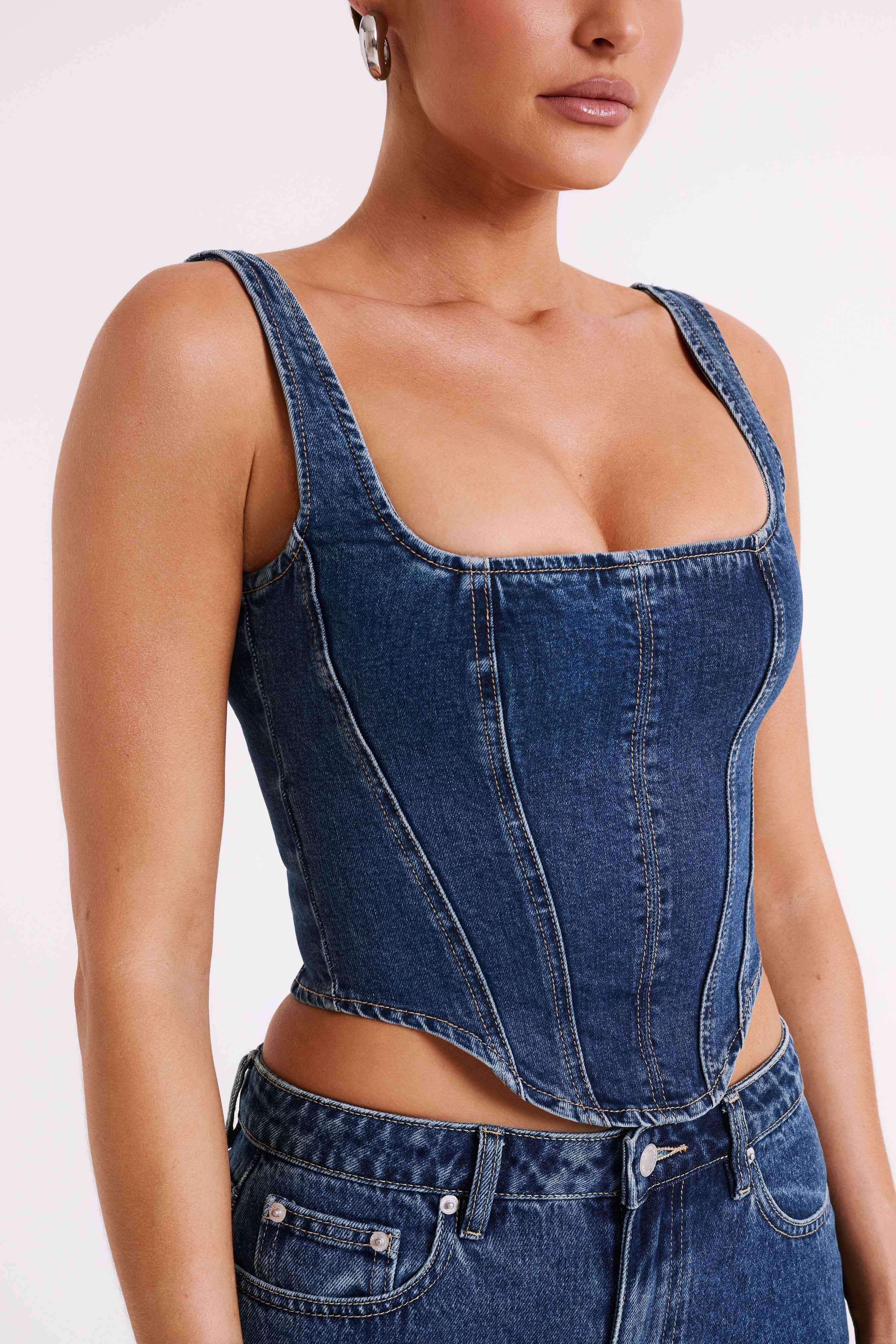 Bianca Denim Lace Up Corset - Dark Blue Product Image