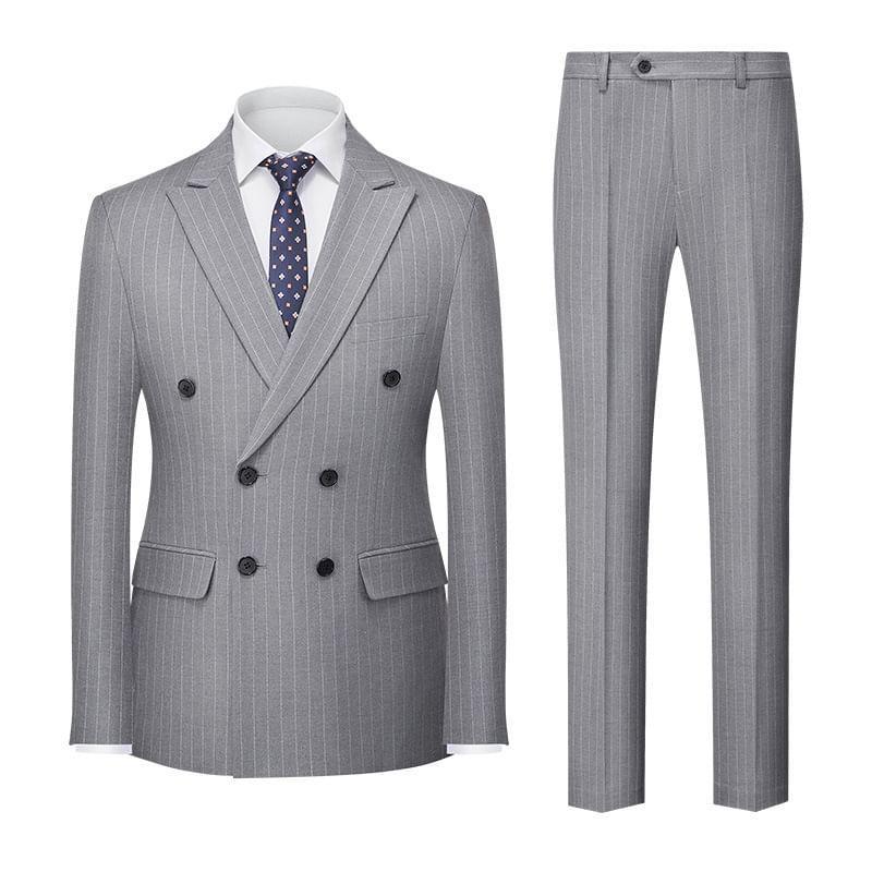 Set: Lapel Collar Pinstriped Double Breasted Blazer + Mid Rise Dress Pants Product Image