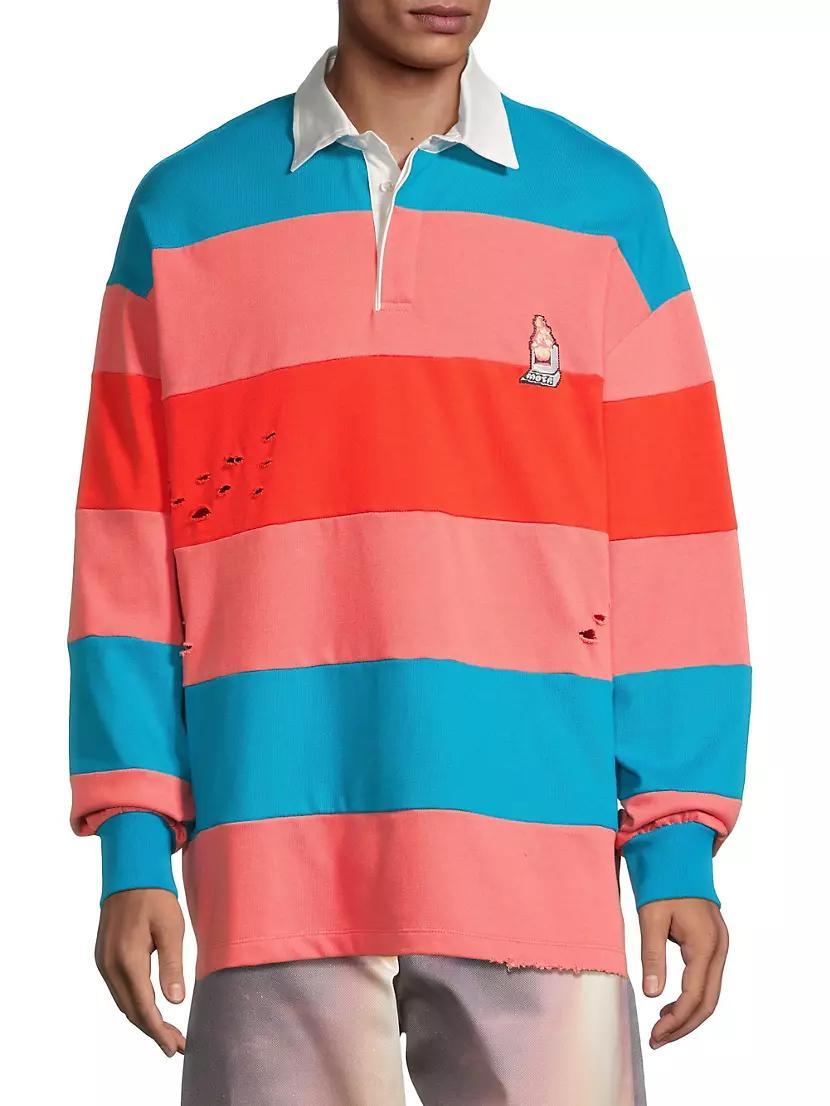 Distressed Long-Sleeve Stripe Polo Shirt Product Image