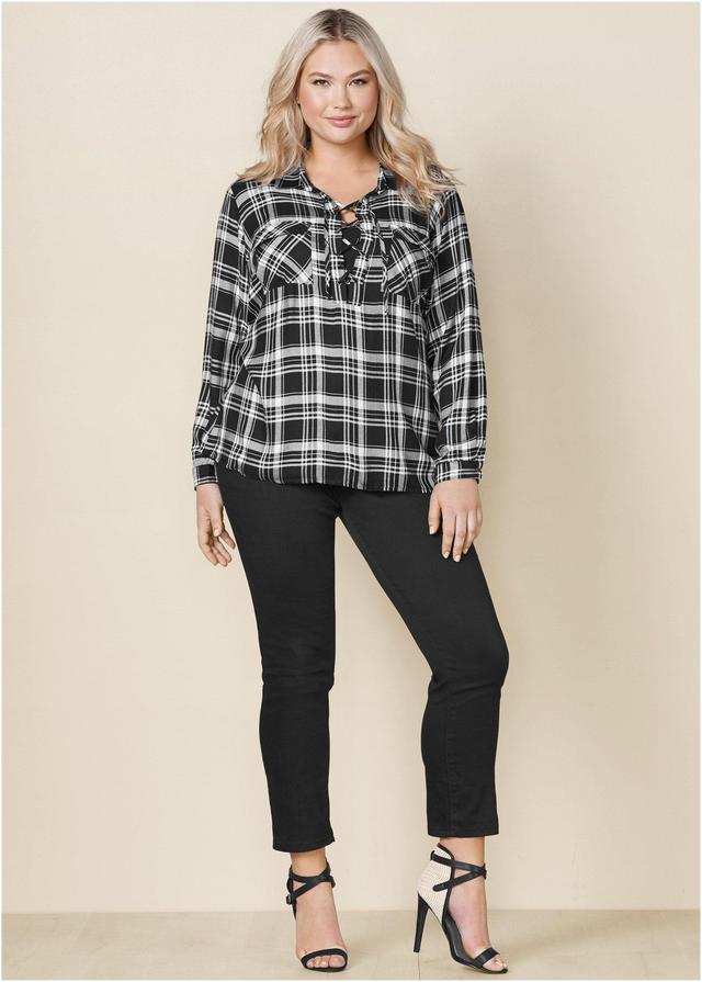 Plaid Lace-Up Top - Black Multi Product Image