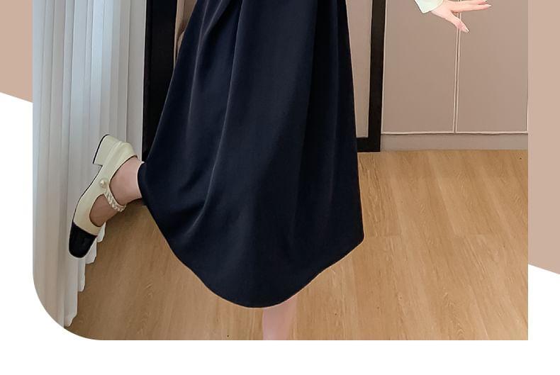 Long-Sleeve Contrast Collar Button-Up Midi A-Line Dress Product Image