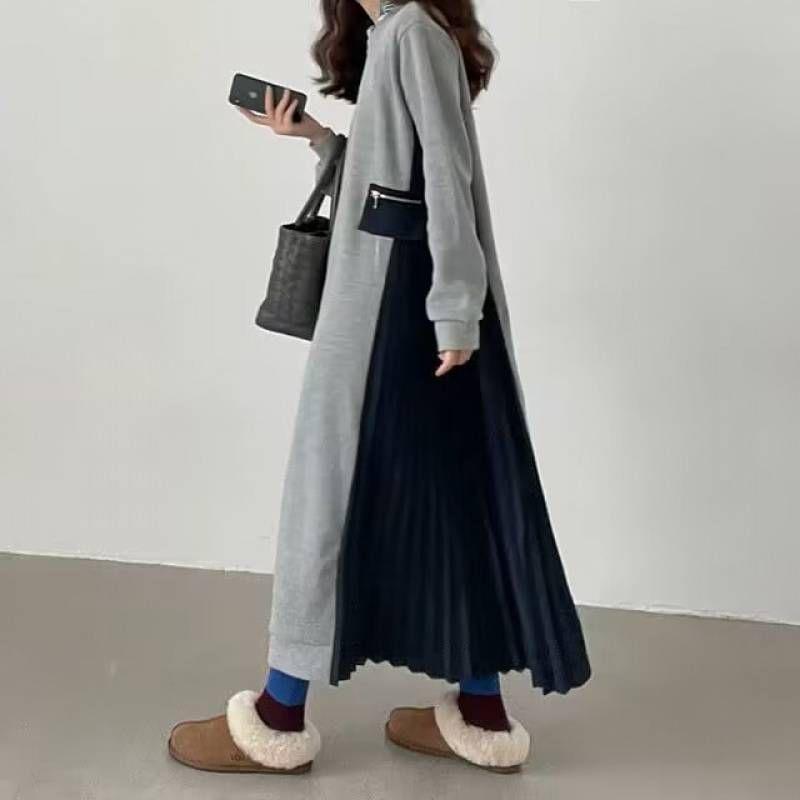 Long-Sleeve Crew Neck Two Tone Pleated Hem Maxi Sweatshirt Dress Product Image