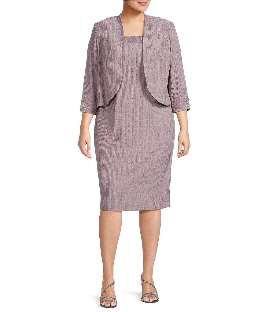 Le Bos Plus Size Crinkle Knit 3/4 Sleeve Embroidered Crew Neck 2-Piece Jacket Dress Product Image