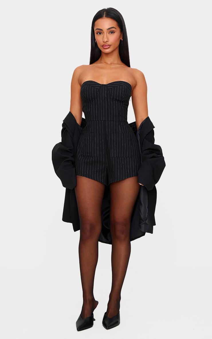 Petite Black Pinstripe Woven Bandeau Romper Product Image