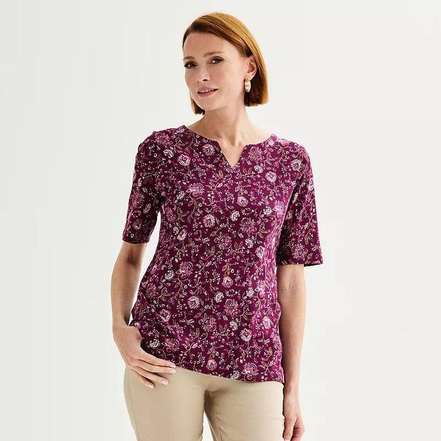 Womens Croft & Barrow Elbow-Sleeve Splitneck Top Pink Mixed Blooms Product Image