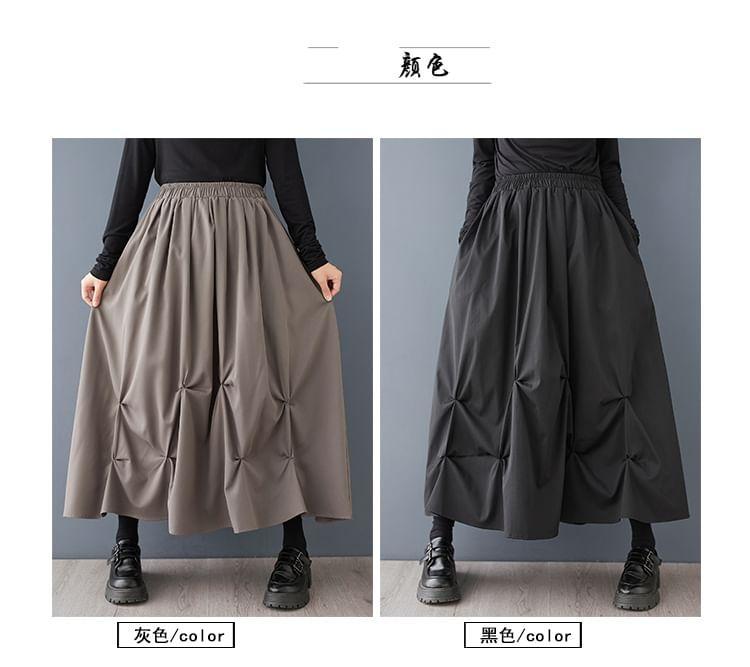 Elastic Waist Plain Asymmetrical Ruched Midi A-Line Skirt Product Image