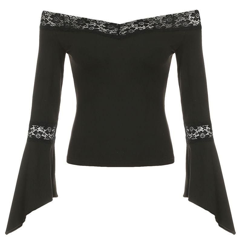 Off-The-Shoulder Long Sleeve Plain Lace Trim T-Shirt Product Image