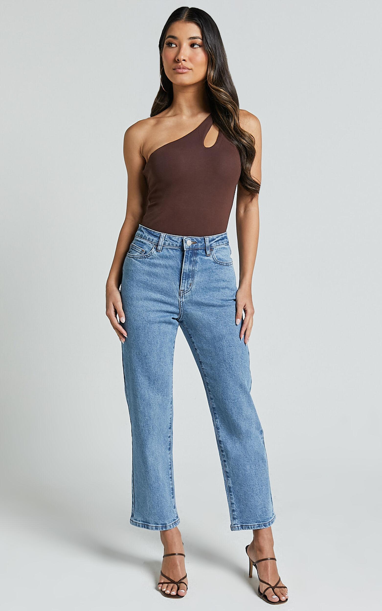 Chandler Jeans - High Waisted Crop Straight Jeans in Mid Blue Wash Product Image