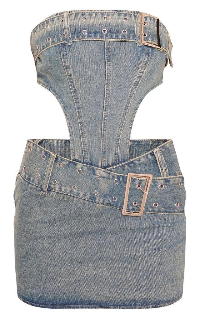 Vintage Wash Belt Detail Cut Out Bandeau Denim Dress Product Image