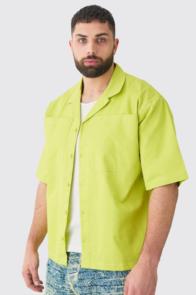 Mens Green Plus Twill Drop Revere Contrast Stitch Shirt, Green Product Image