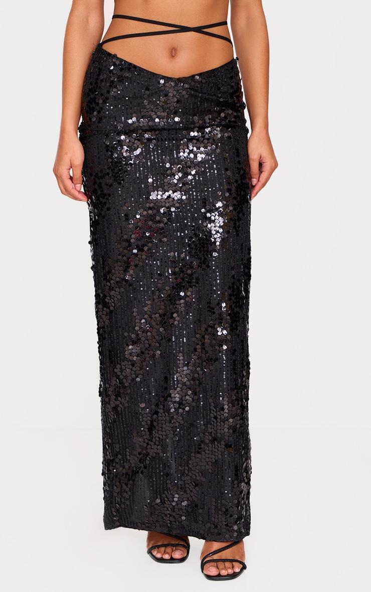 Black Sequin Low Rise Split Leg Maxi Skirt Product Image